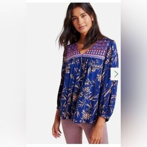 Anthropologie Indigo Floral Peasant Blouse